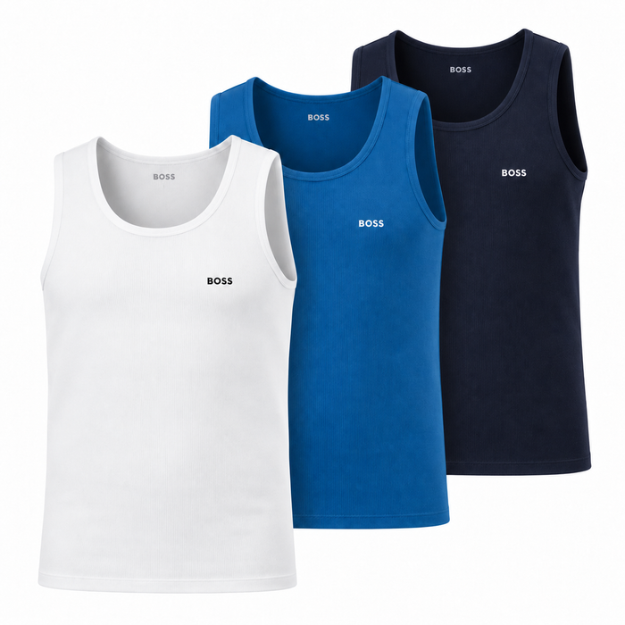 BOSS Lounge 3-Pack Vests Classic Rib Tank Tops Black/Blue/White