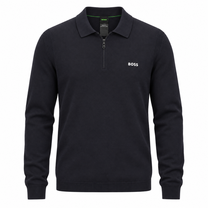 BOSS Ever Knitted Zip Neck Polo Shirt Navy