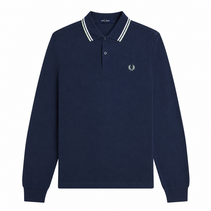 Fred Perry Long Sleeve Twin Tipped Polo Shirt Dark Airforce/Ecru/Seagrass