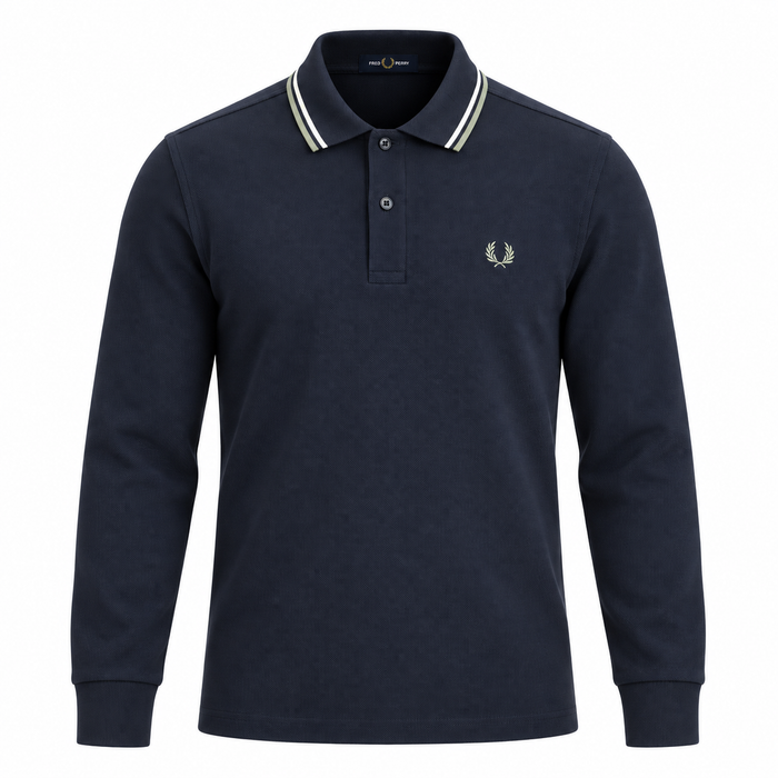 Fred Perry Long Sleeve Twin Tipped Polo Shirt Dark Airforce/Ecru/Seagrass