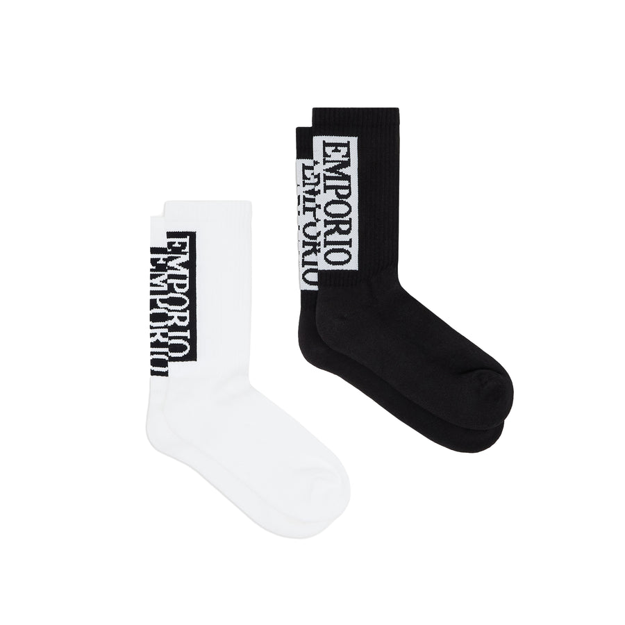 Emporio Armani 2 Pack Large Logo Ribbed Socks Black/White