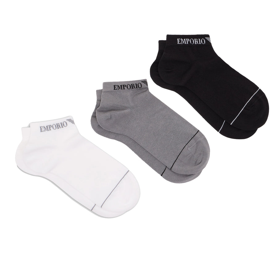 Emporio Armani 3 Pack Knitted Ankle Logo Trainer Socks Black/White/Grey
