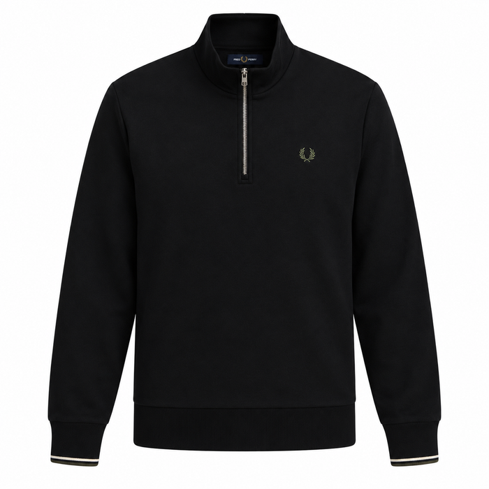Fred Perry Half Zip Sweatshirt Black/Ecru/Laurel Wreath Green