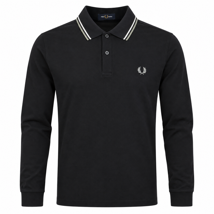Fred Perry Long Sleeve Twin Tipped Polo Shirt Navy/Ecru/Silver Blue