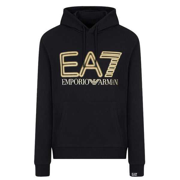 EA7 Emporio Armani Gold Logo Series Cotton Hoodie - Black-SPIRALSEVEN DESIGNER MENSWEAR UK