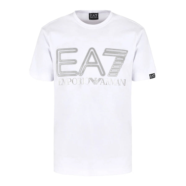 EA7 Emporio Armani Logo Series Silver Logo Crew T-Shirt - White-SPIRALSEVEN DESIGNER MENSWEAR UK
