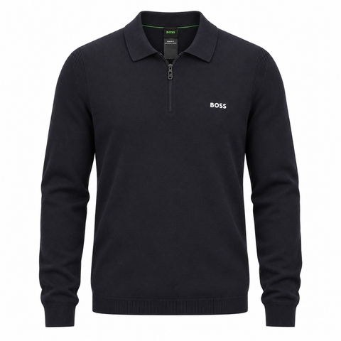 BOSS Ever Knitted Zip Neck Polo Shirt Navy