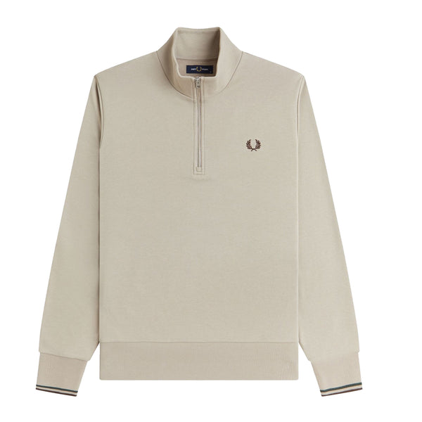 Fred Perry Half Zip Sweatshirt Warm Oat/Court Green /Burnt Tobacco
