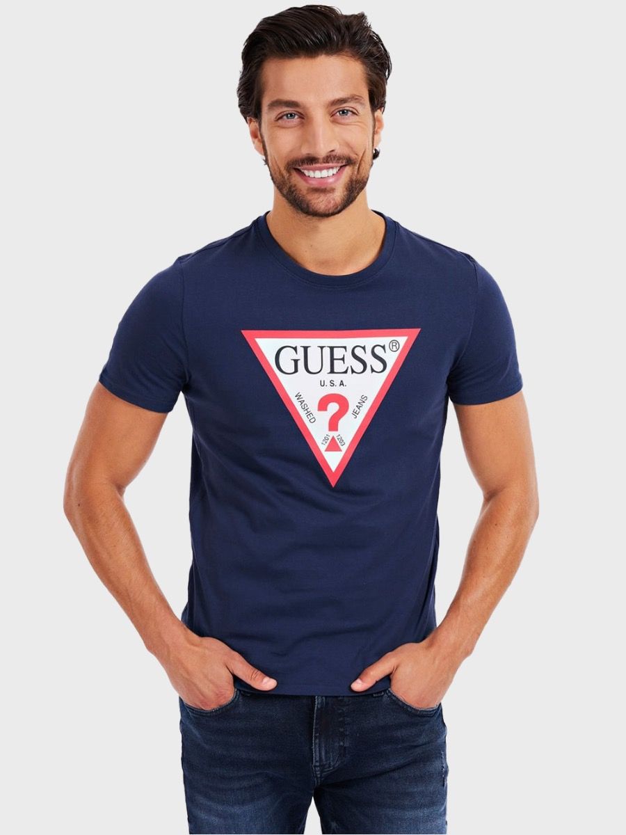 Navy Guess Mens Triangle Large Logo T-Shirt