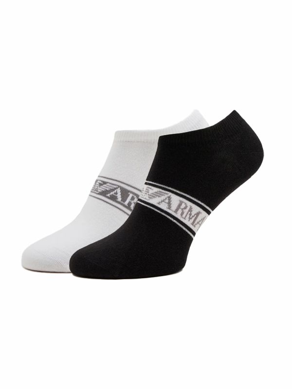 Emporio Armani 2 Pack Knitted Logo Trainer Socks - White/Black