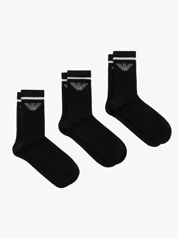 Emporio Armani 3 Pack Terrycloth Jacquard Eagle Logo Socks - Black