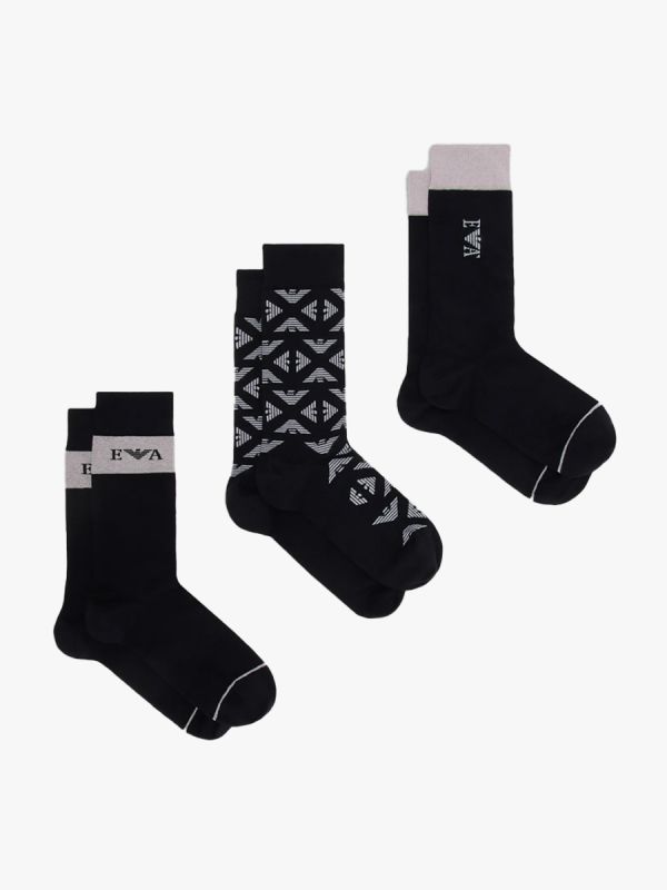 Emporio Armani 3 Pack Jacquard Gifting Logo Socks - Black