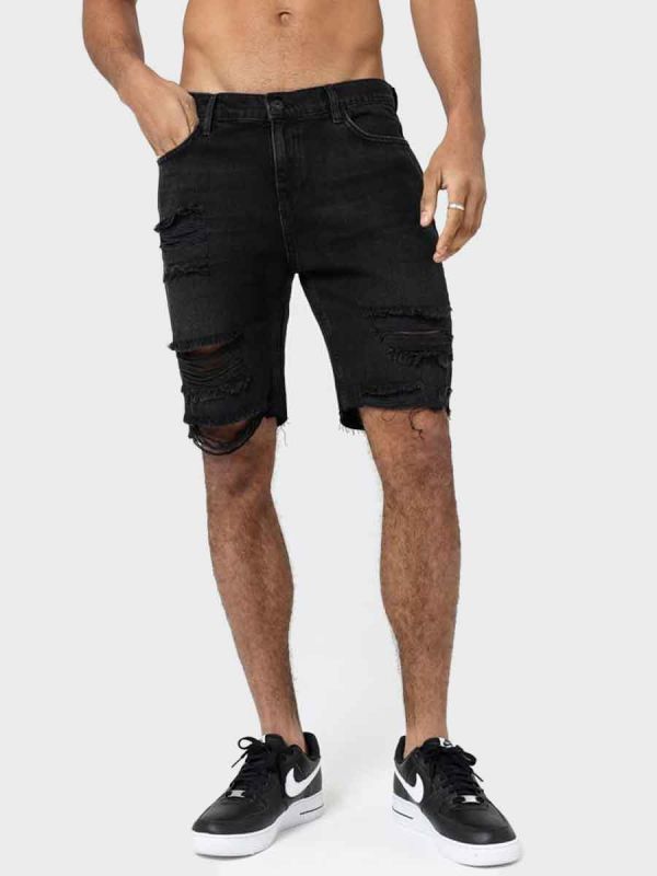 Nimes Distressed Denim Shorts - Black Wash