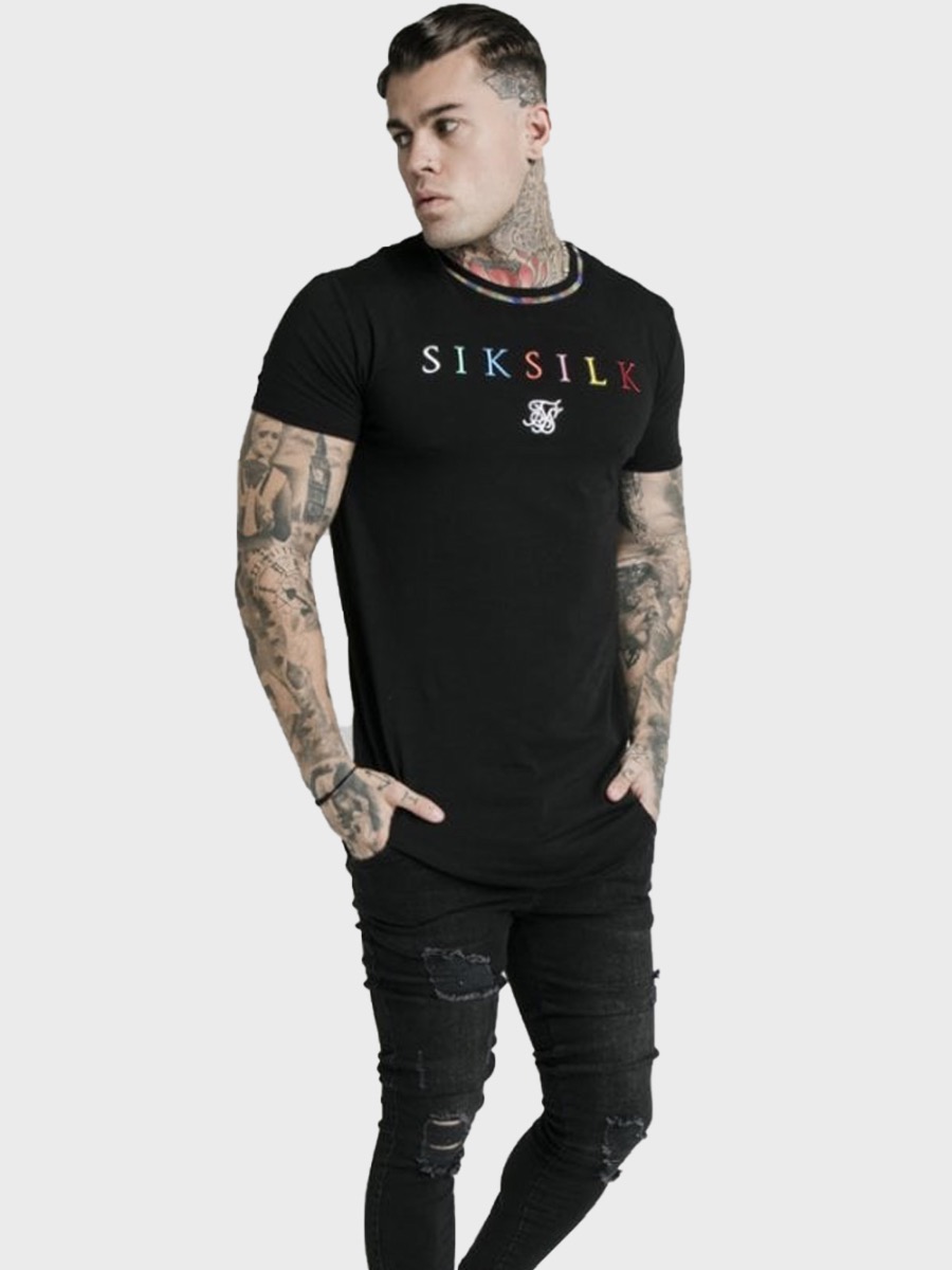 SikSilk Curved Hem Colours Gym T-Shirt - Black / Multi | Spiralseven